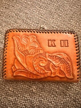 Tooled Leather Wallet with Floral Carving - KH Monogram - Tan